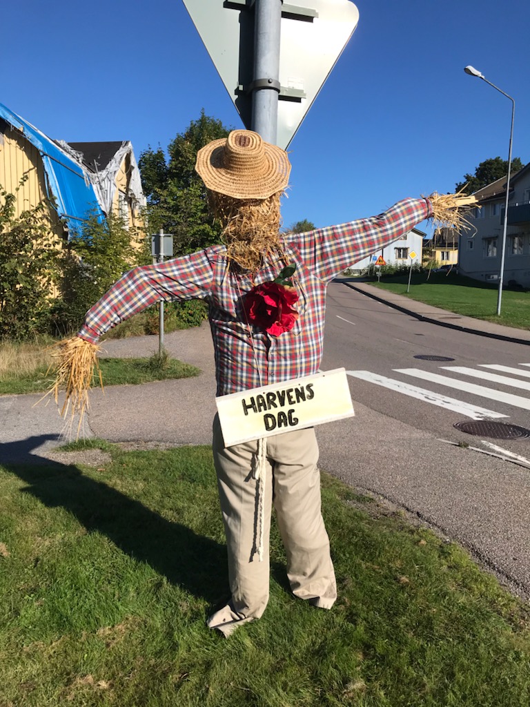 En halmfigur med en harvens dag skylt