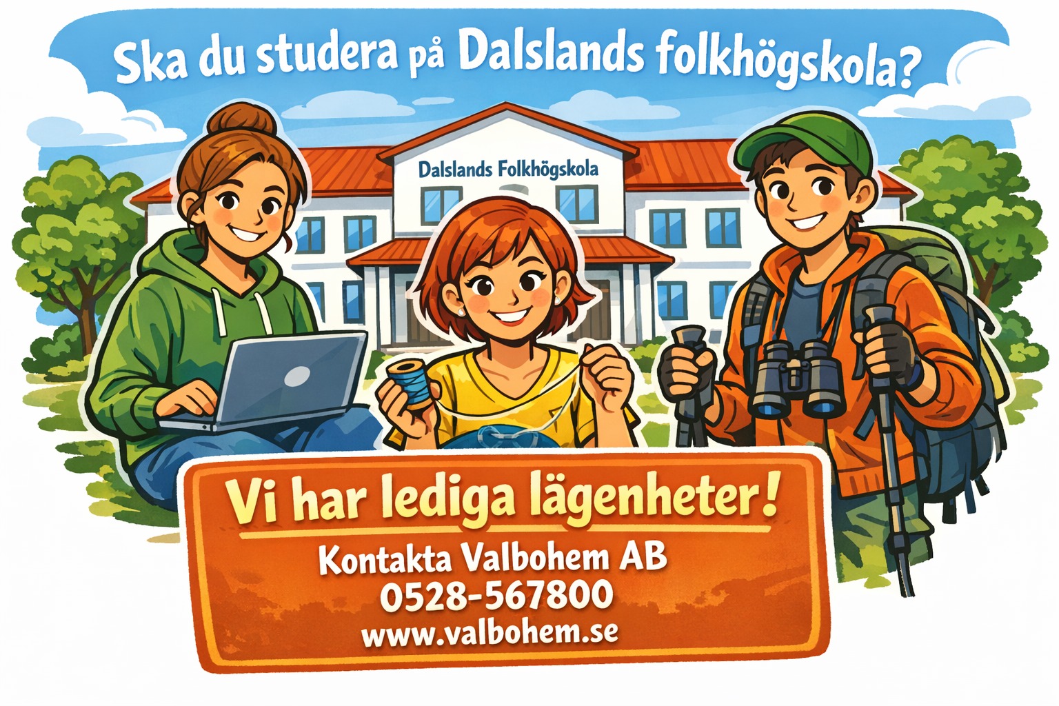 En tecknad bild på 3 studenter framför en vit skolbyggnad