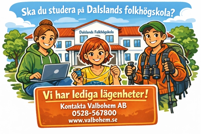 En tecknad bild på 3 studenter framför en vit skolbyggnad