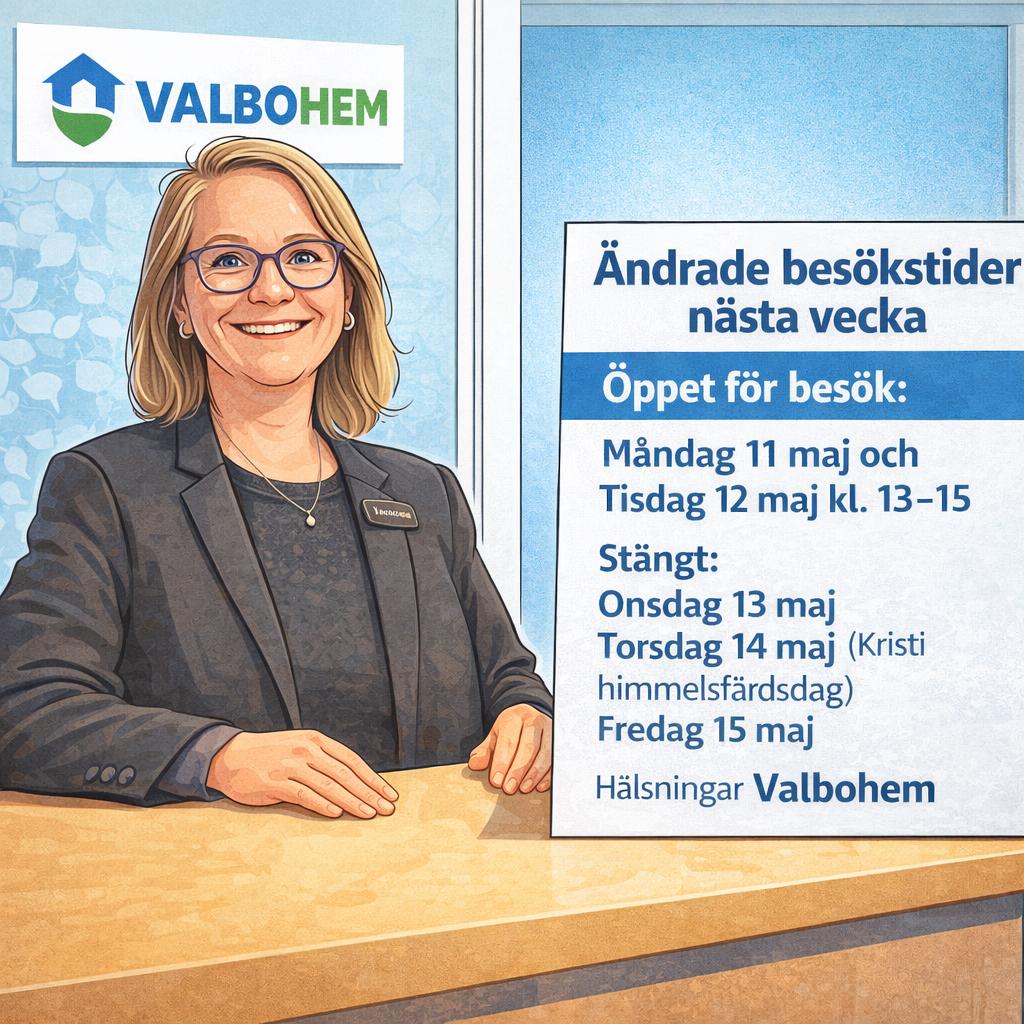 En person står i receptionen och visar öppettider i en skylt